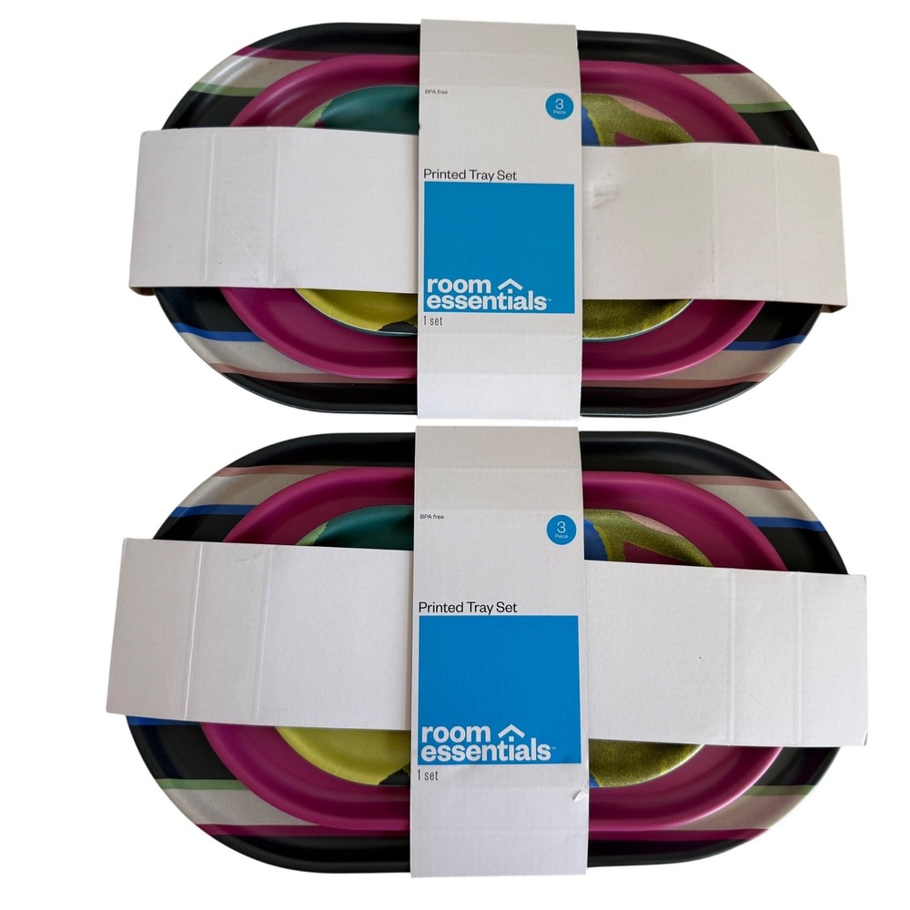 Room Essentials Printed Tray Set 2pk Multicolor Striped Abstract Oval Melamine